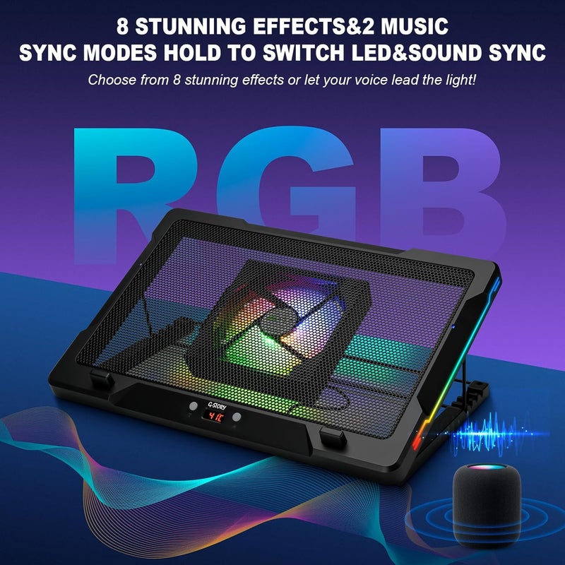 G-STORY Gaming Laptop Cooling Pad with Movable Fan and Automatic Speed Adjustable by Temperature,Music Sync RGB Light,Low Noise Laptop Cooler 3 Speed 1500/1750/2000RPM(140MM) Stand 12–18" Notebook - Image 3